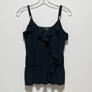 White House Black Market black Silk ruffle-front braided straps peplum tank top